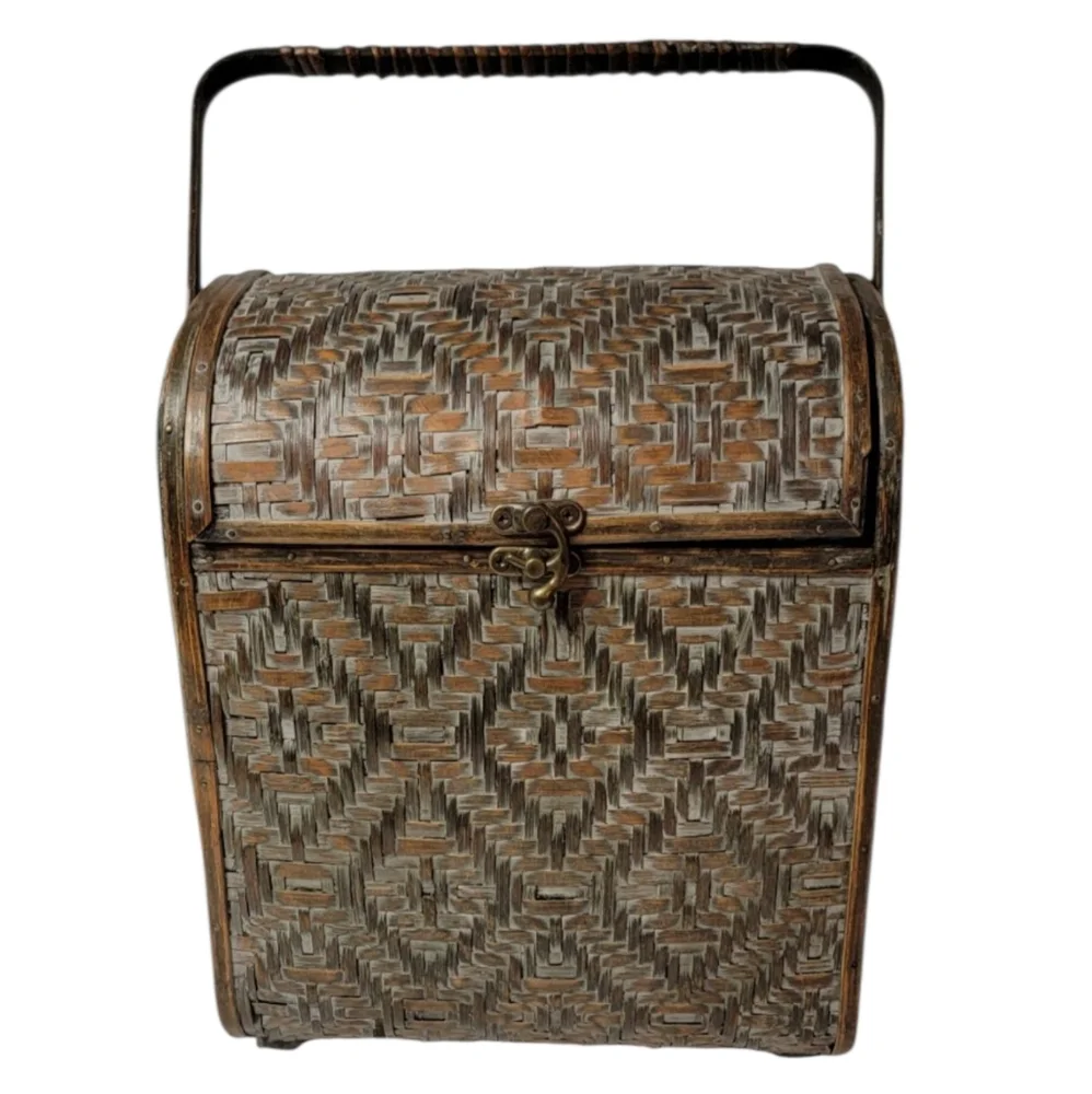 Vintage Geometric Wicker Wood Treasure Chest Basket Purse Bag Hinged Lid Latch